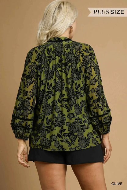 Umgee Full Size Floral Velvet Blouse with Balloon Sleeves Plus Size