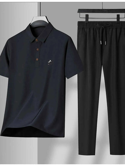 Men's Plus Size Button Detail Short Sleeve Polo and Pants Set