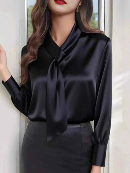 Satin Tie-Neck Long Sleeve Blouse