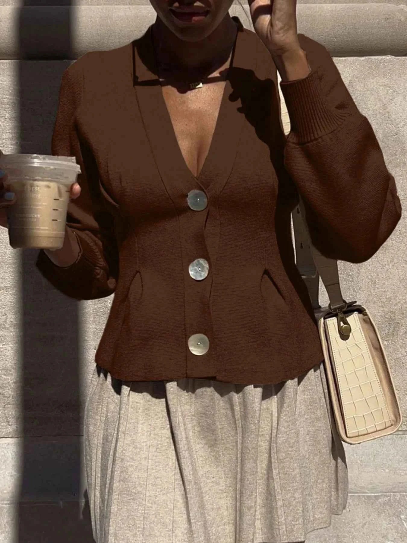 Button-Up V-Neck Knit Cardigan