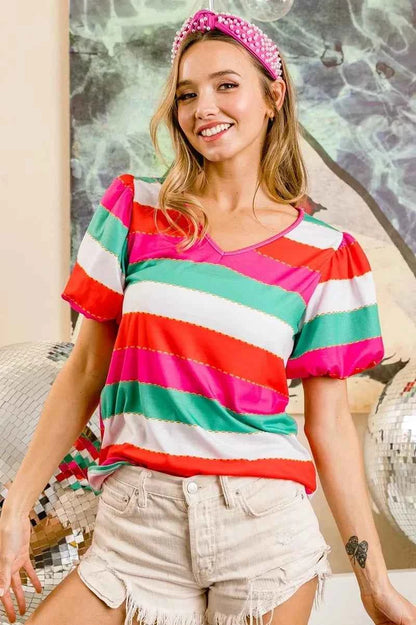 BiBi Multi Stripe Color Print Puff Sleeves V Neck Top