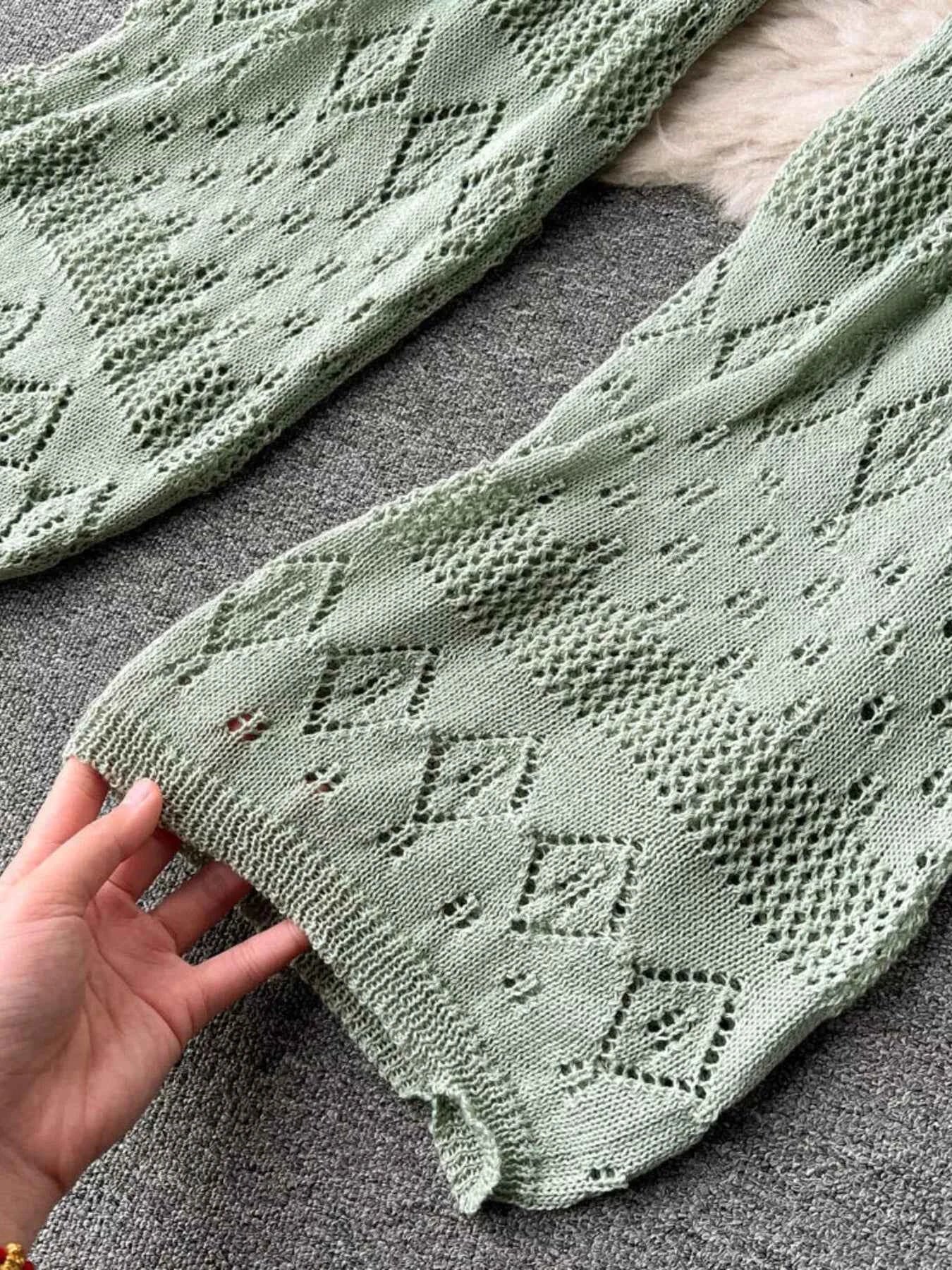 Crochet Knit Halter Neck Top and Wide Leg Pants Set