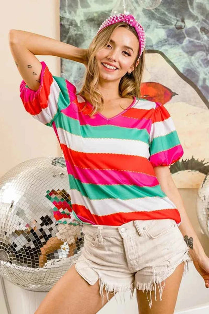 BiBi Multi Stripe Color Print Puff Sleeves V Neck Top