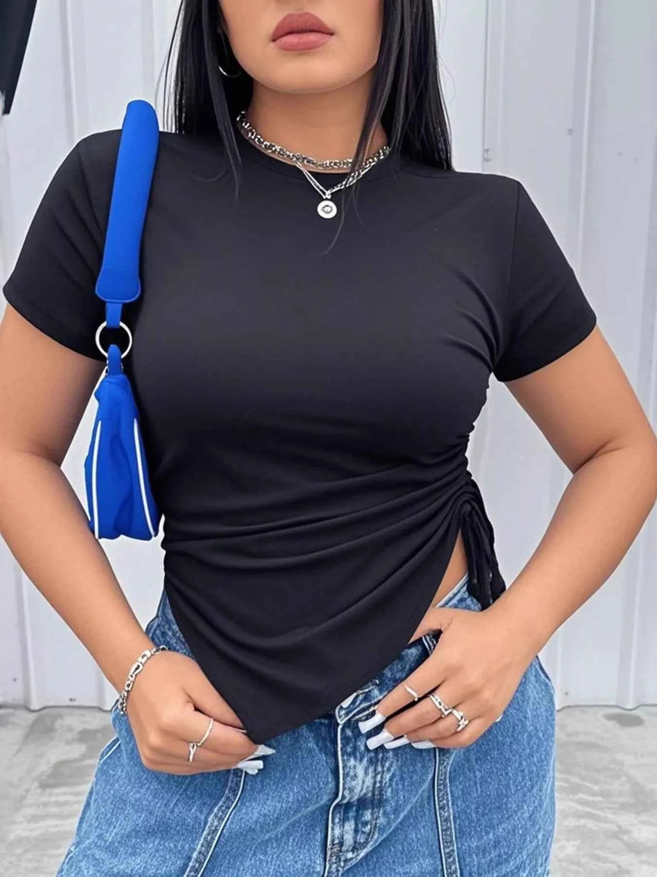 Plus Size Ruched Round Neck Short Sleeve T-Shirt