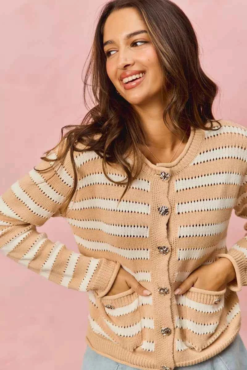 SO ME Stripe Long Sleeves Button Sweater Cardigan