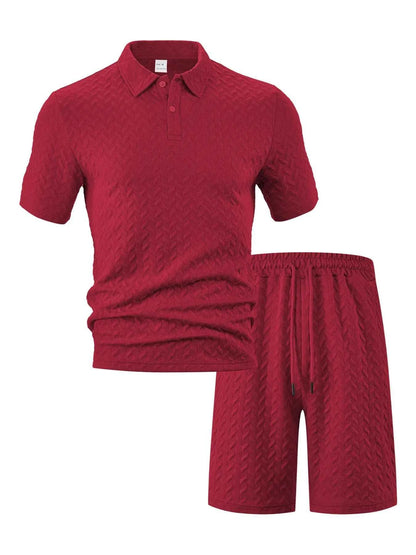 Men's Full Size Textured Polo Shirt and Shorts Set Plus Size
