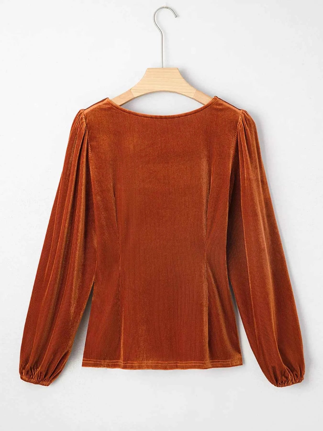 Velvet Ribbed Texture Square Neck Slim Puff Sleeve Top