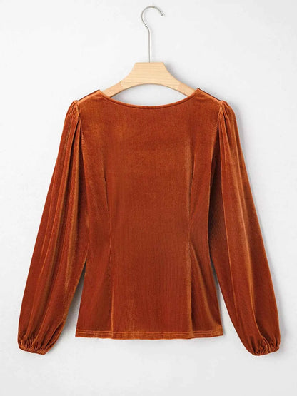 Velvet Ribbed Texture Square Neck Slim Puff Sleeve Top