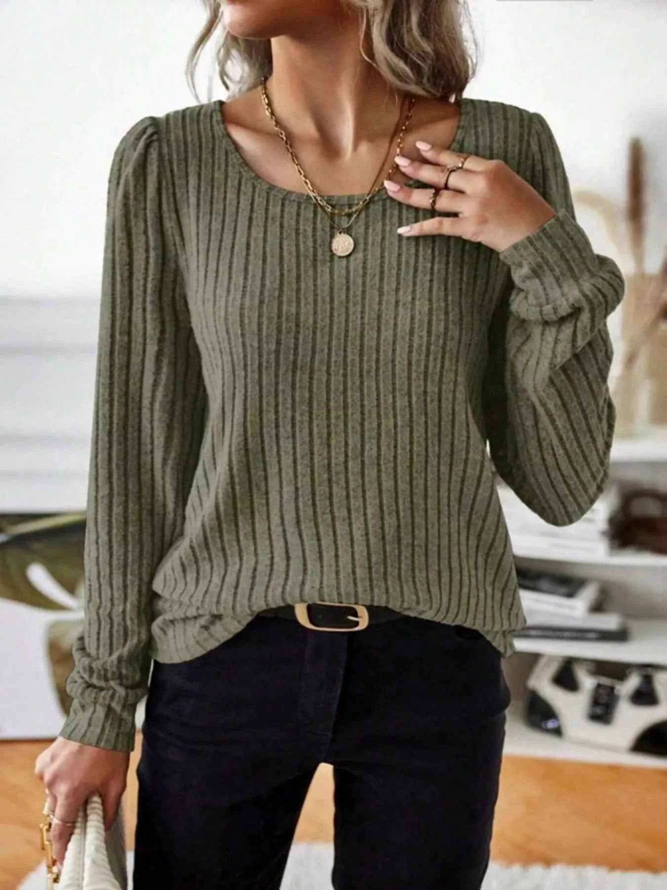Ribbed Knit Long Sleeve T-Shirt