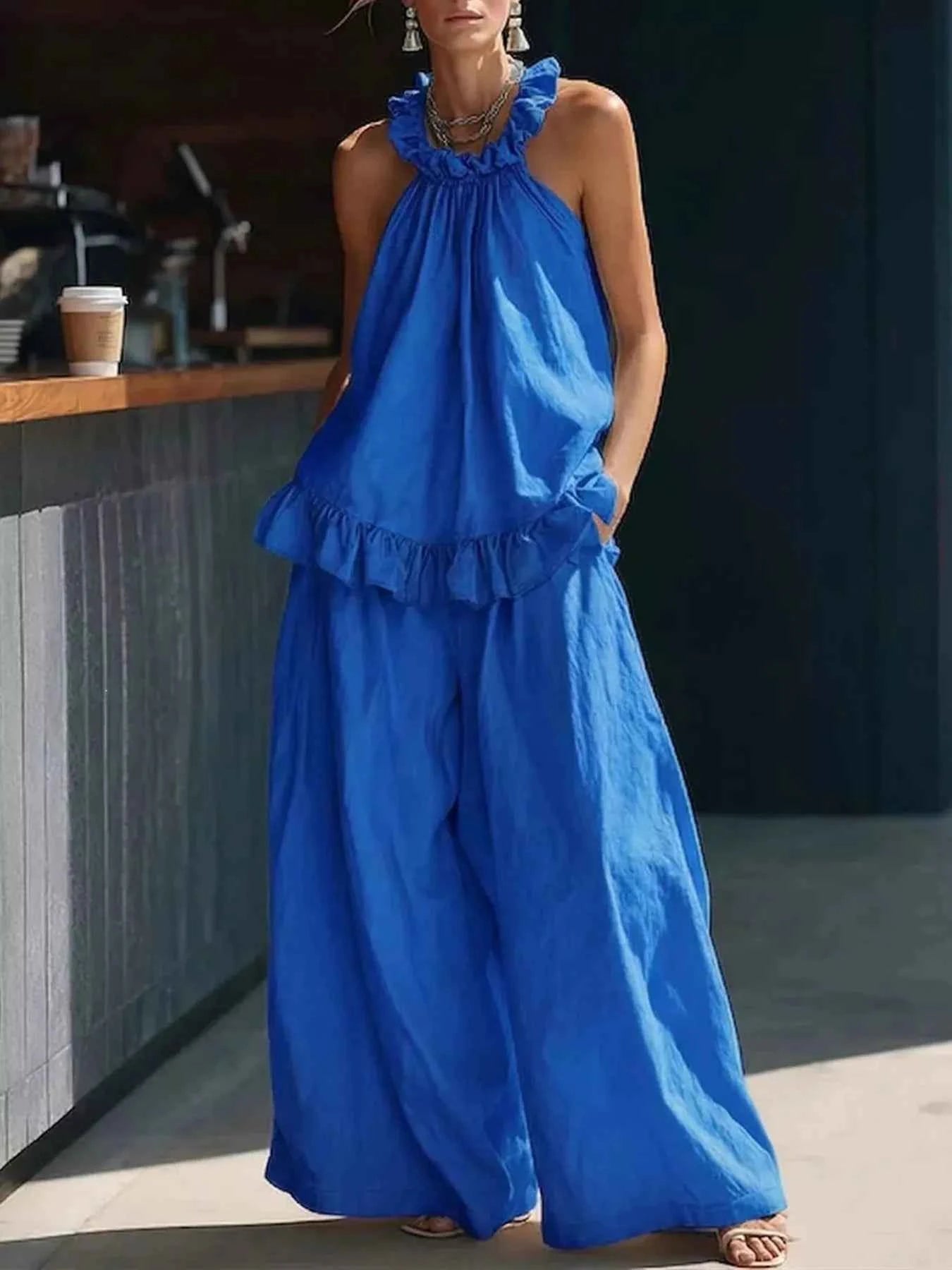 Full Size Ruffled Halter Neck Top and Wide-Leg Pants Set Plus Size