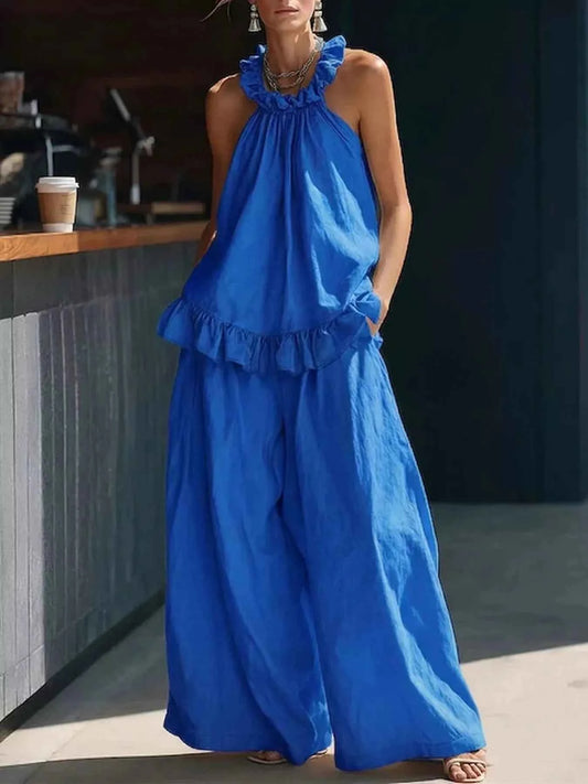 Full Size Ruffled Halter Neck Top and Wide-Leg Pants Set Plus Size