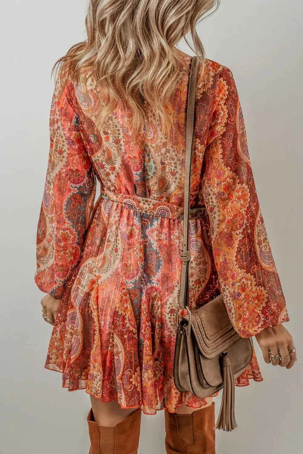 Boho Paisley Print Long Sleeve Mini Dress