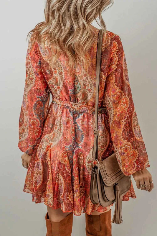 Boho Paisley Print Long Sleeve Mini Dress