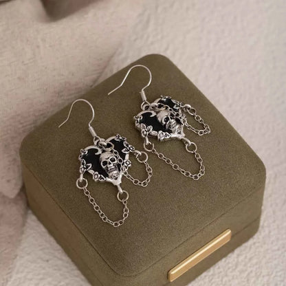 Halloween Alloy Heart Skull Earrings with Chain Detail
