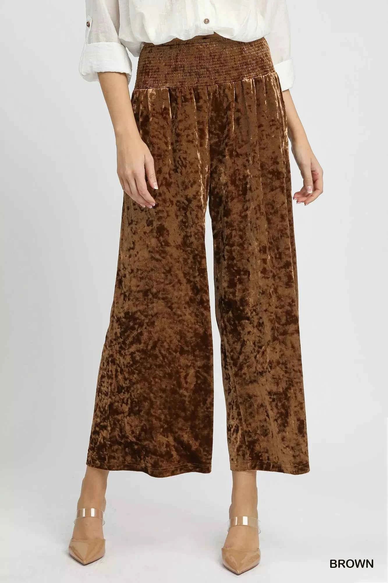 Umgee Velvet Smocked Waistband Wide Leg Pants