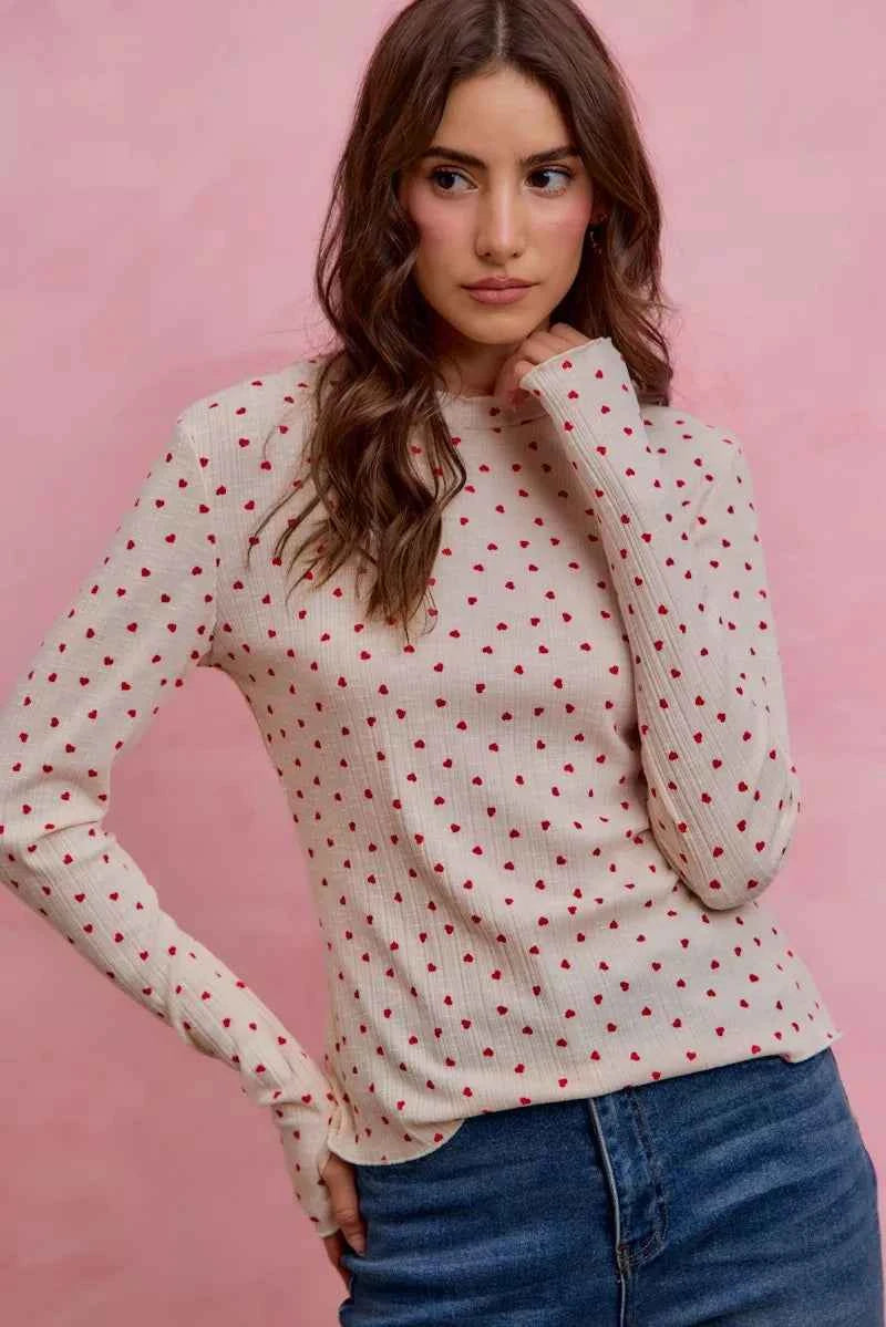 SO ME Ditsy Heart All Over Slub Rib Knit Valentine Top