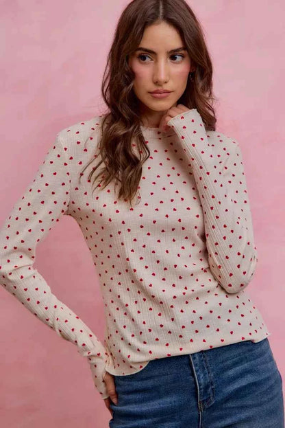 SO ME Ditsy Heart All Over Slub Rib Knit Valentine Top