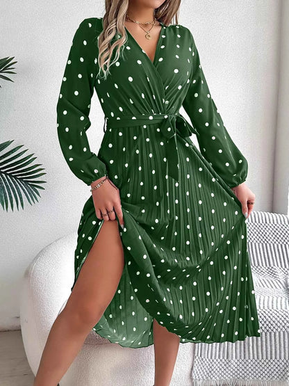 Front Tie Polka Dot Midi Pleated Dress