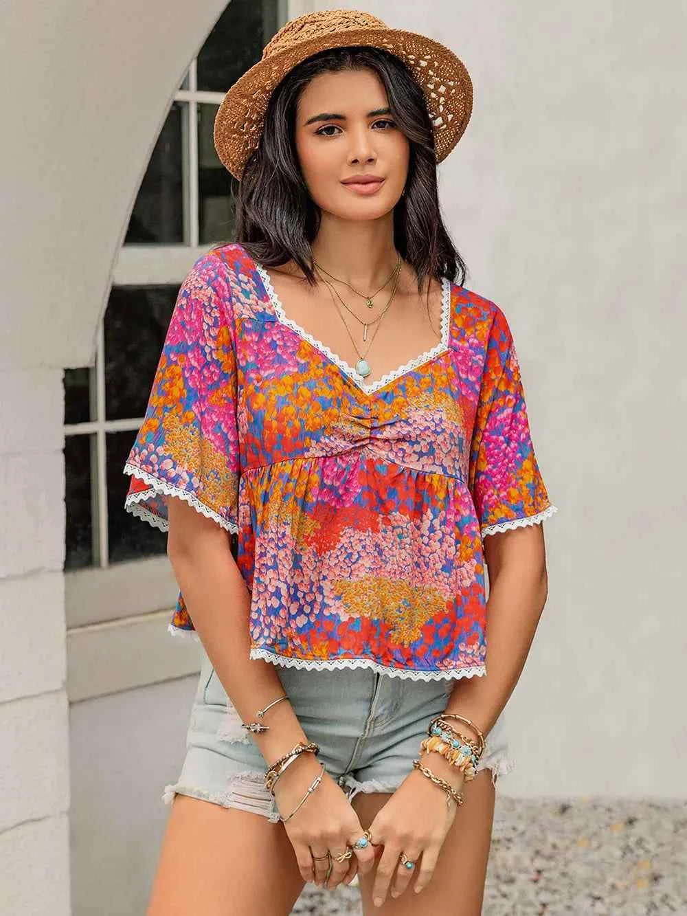 Ruched Printed Half Sleeve Blouse