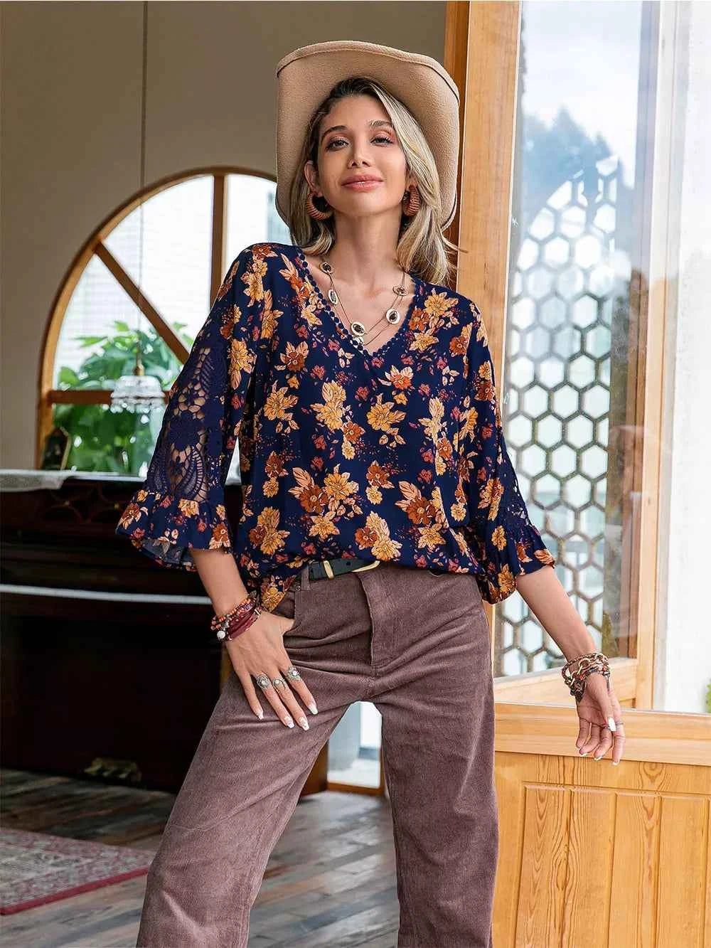Floral V-Neck Crochet Blouse