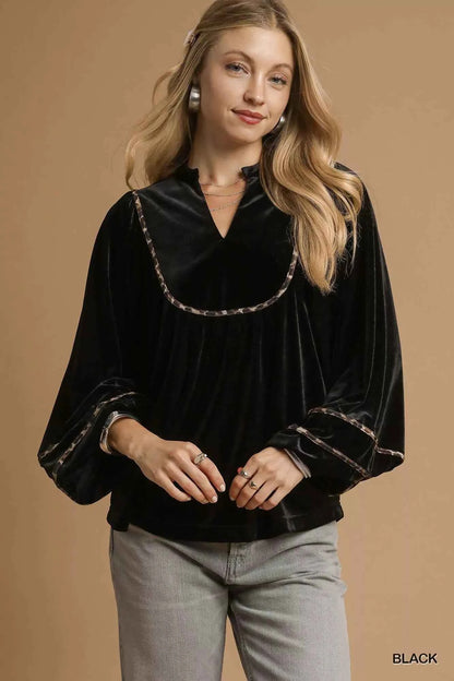 Umgee Velvet Long Sleeve Blouse with Contrast Trim