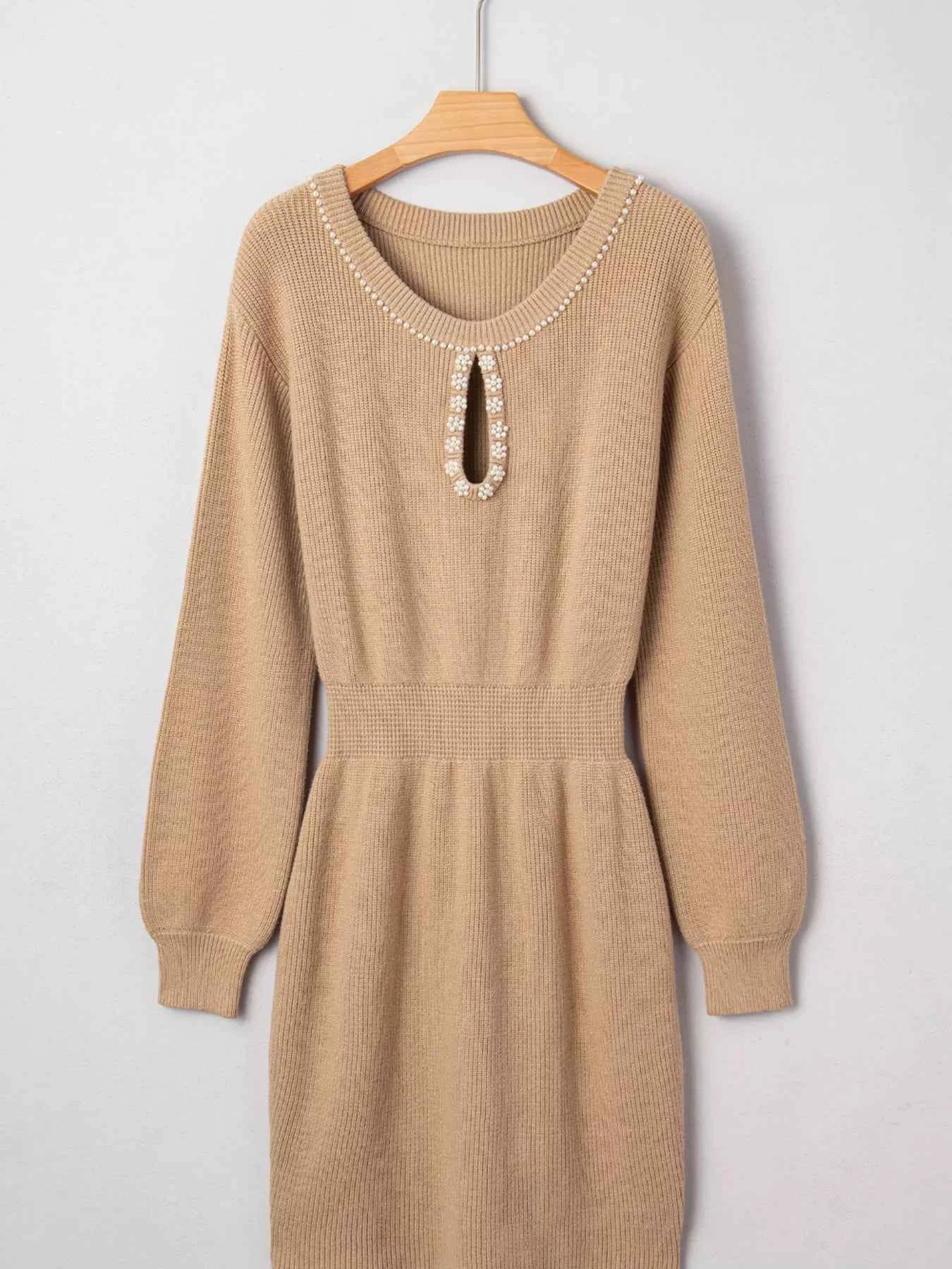 Pearl Embellished Keyhole Ribbed Sweater Dress