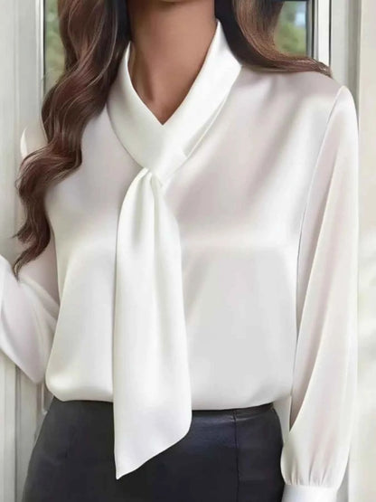 Satin Tie-Neck Long Sleeve Blouse
