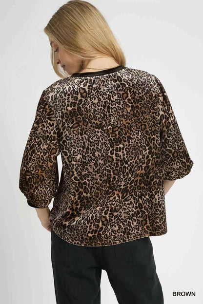 Umgee Leopard Round Neck Three-Quarter Sleeve Blouse