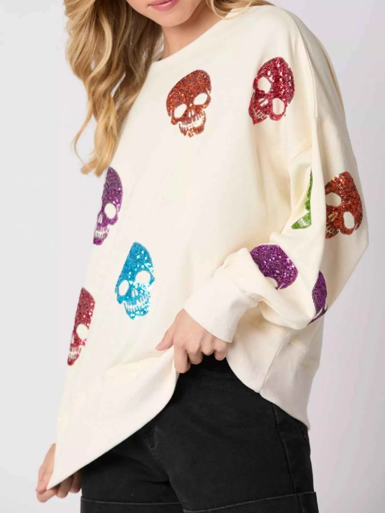 Halloween Colorful Skull Sequin Oversized Sweatshirt