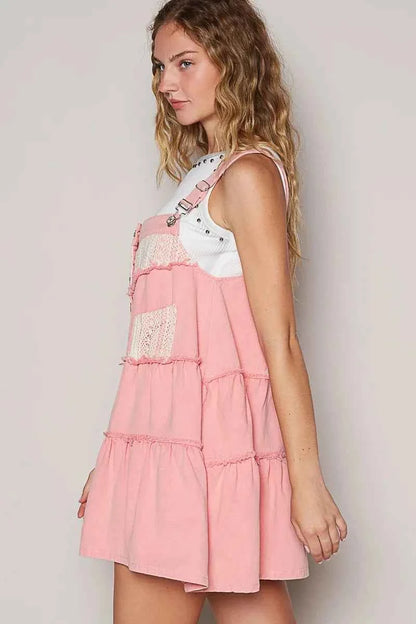 POL Lace Patchwork Detail Denim Overall Dress
