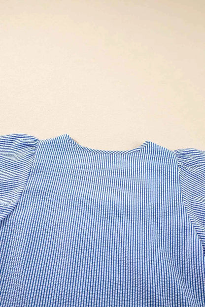 Stripe Textured Ruffle Short Sleeve Boho Detail Square Neck Blouse