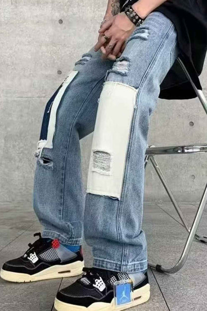 Men's Ripped Patchwork Wide Leg Jeans