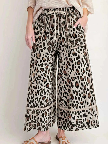 Leopard Print Wide Leg Drawstring Pants
