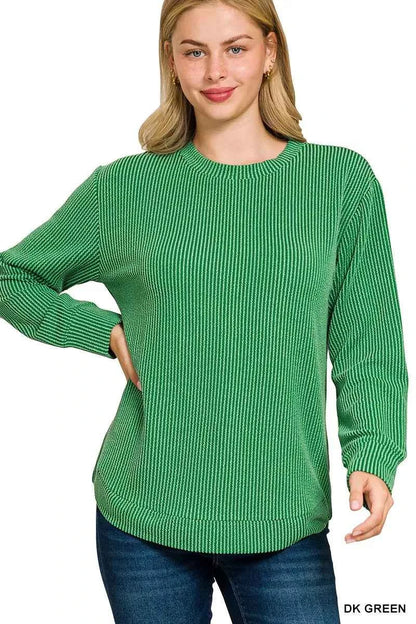 Zenana Full Size Raised Rib Round Neck Long Sleeve Top Plus Size