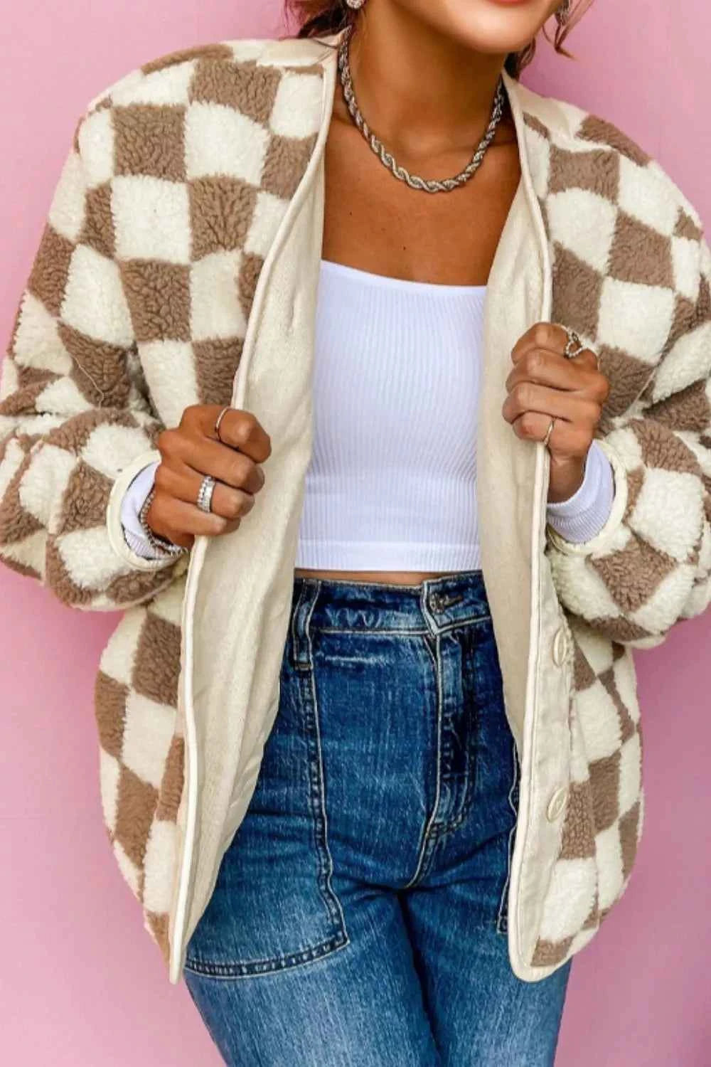 Checkered Sherpa Oversized Button Up Jacket