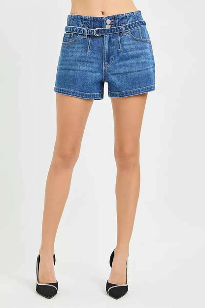 RISEN Double Button Slouchy Denim Shorts with Belt
