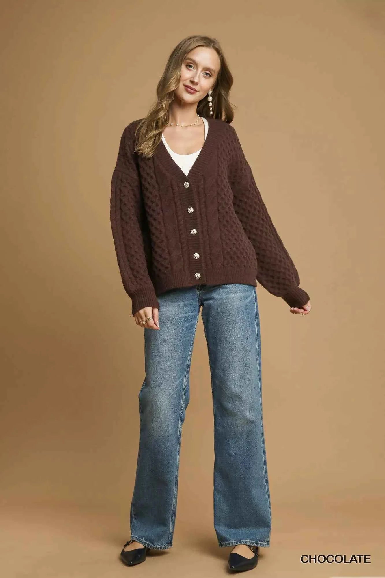 Umgee Cable Knit Pearl Button Cardigan