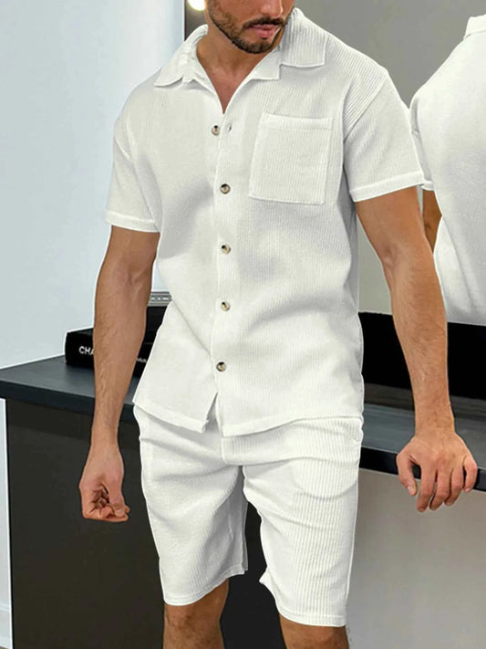 Men's Full Size Button Up Top and Shorts Set Plus Size