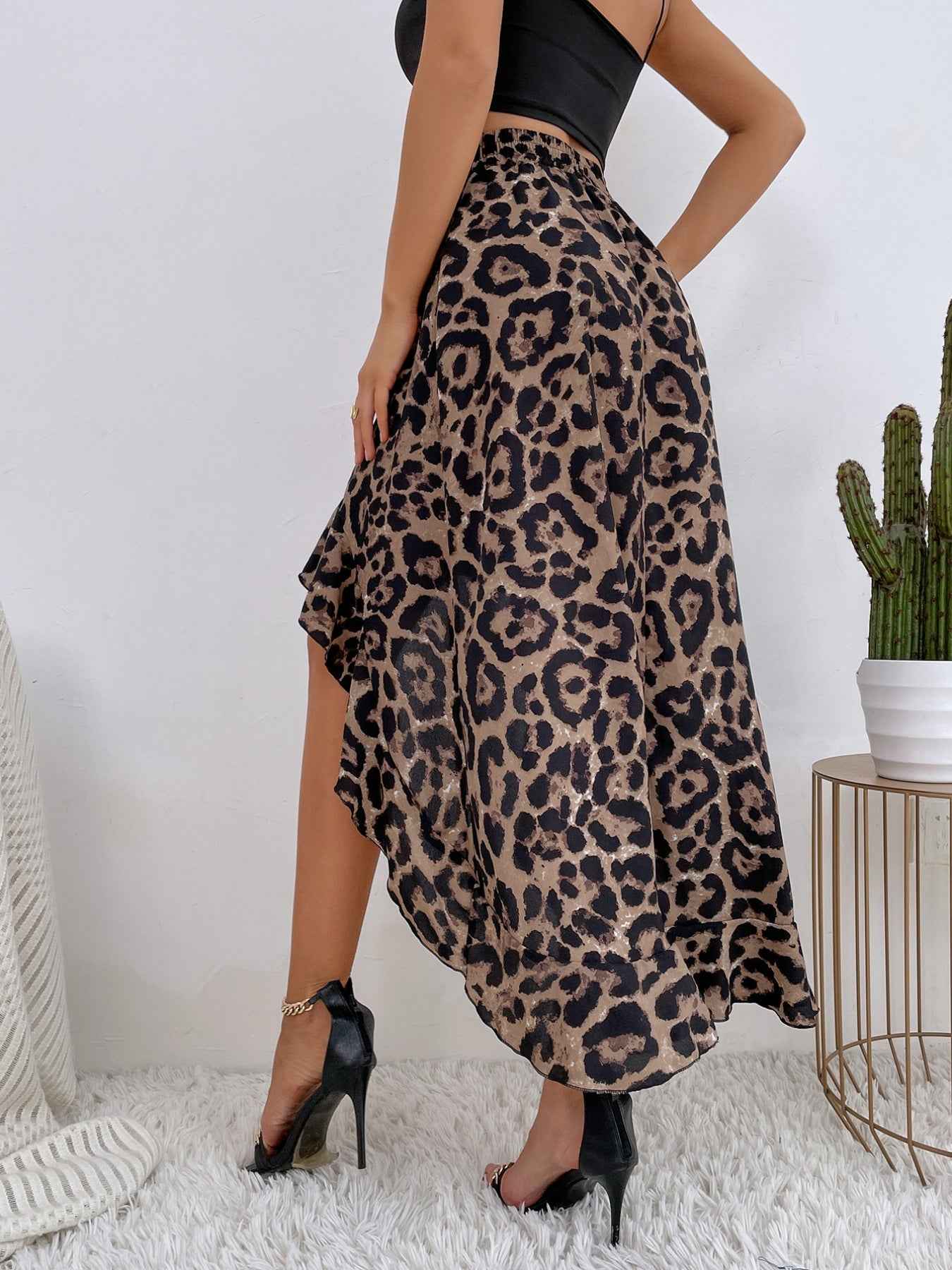 Leopard Print Ruffle Hem High-Low Skirt