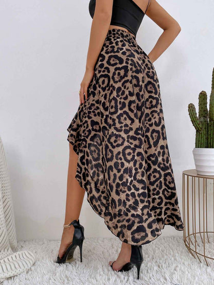 Leopard Print Ruffle Hem High-Low Skirt
