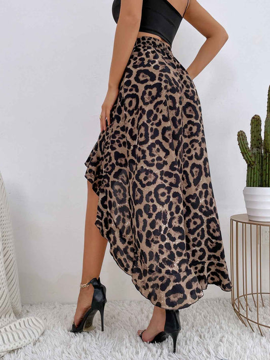 Leopard Print Ruffle Hem High-Low Skirt