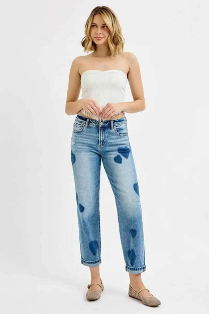 RISEN Full Size Mid Rise Fit-boyfriend Heart Shade Jeans Plus Size