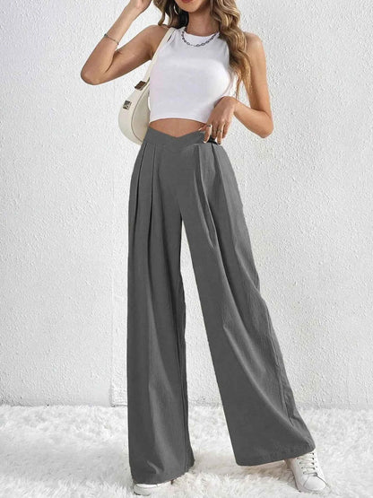 V-Waisted Ruched Front Wide Leg Pants