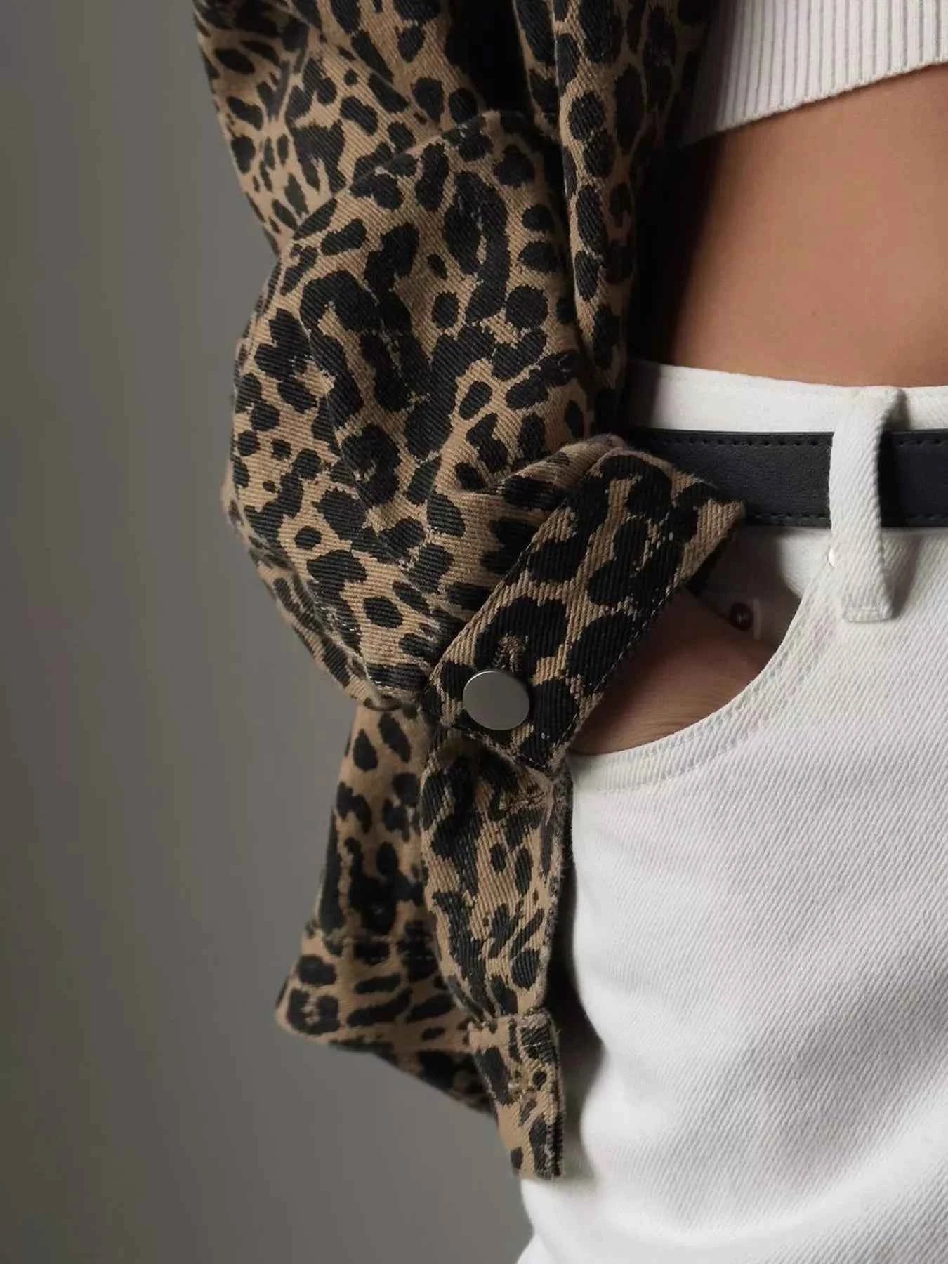 Leopard Button Up Long Sleeve Denim Jacket