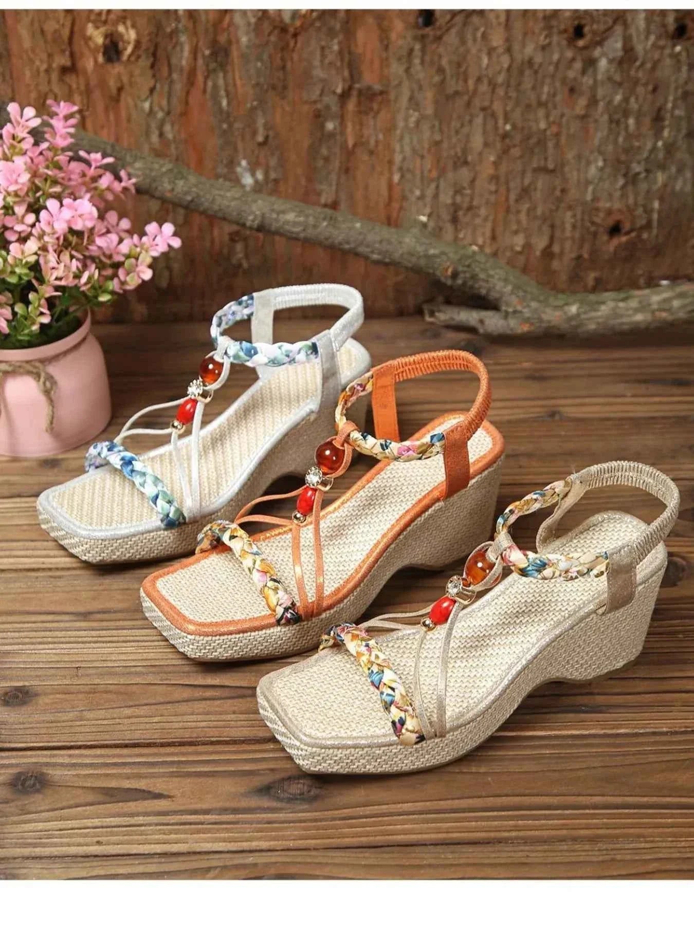 Bohemian Floral Beaded Wedge Sandals