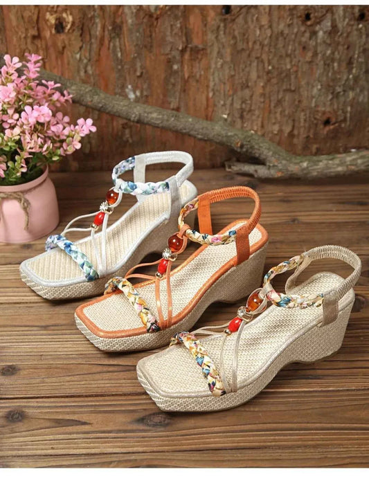 Bohemian Floral Beaded Wedge Sandals