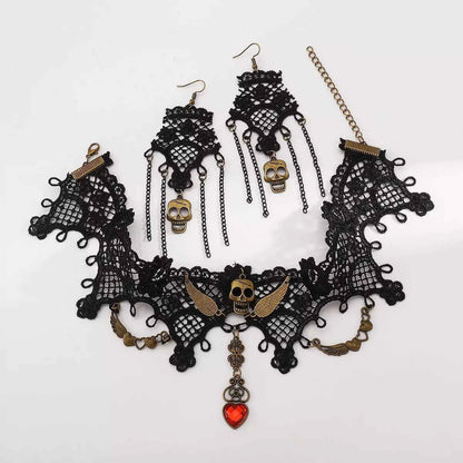Halloween Lace Skull Necklace and Earrings Jewelry Set