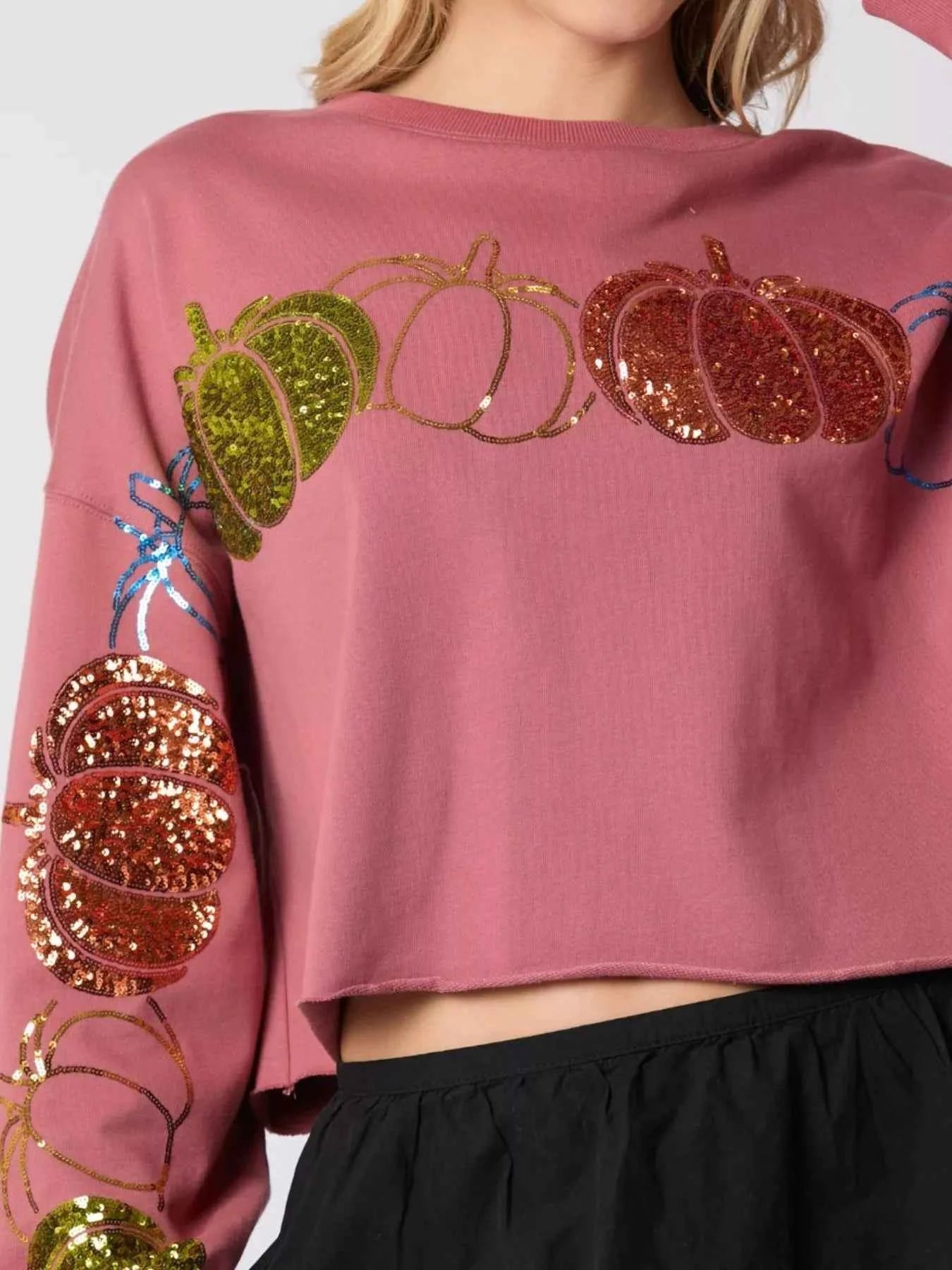 Sequined Pumpkin Halloween Crop Sweatshirt