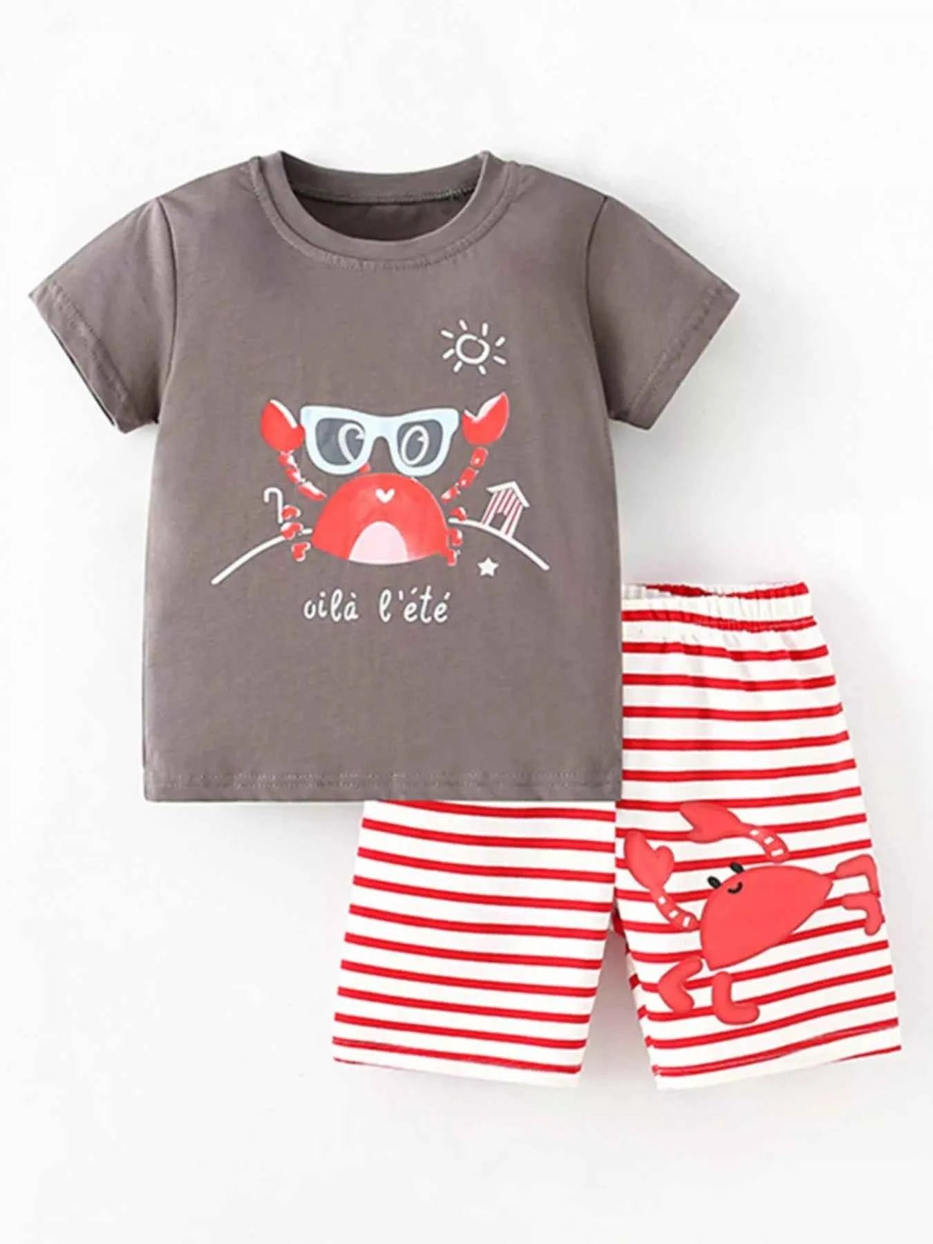 Children's Crab Graphic T-Shirt and Striped Shorts Set
