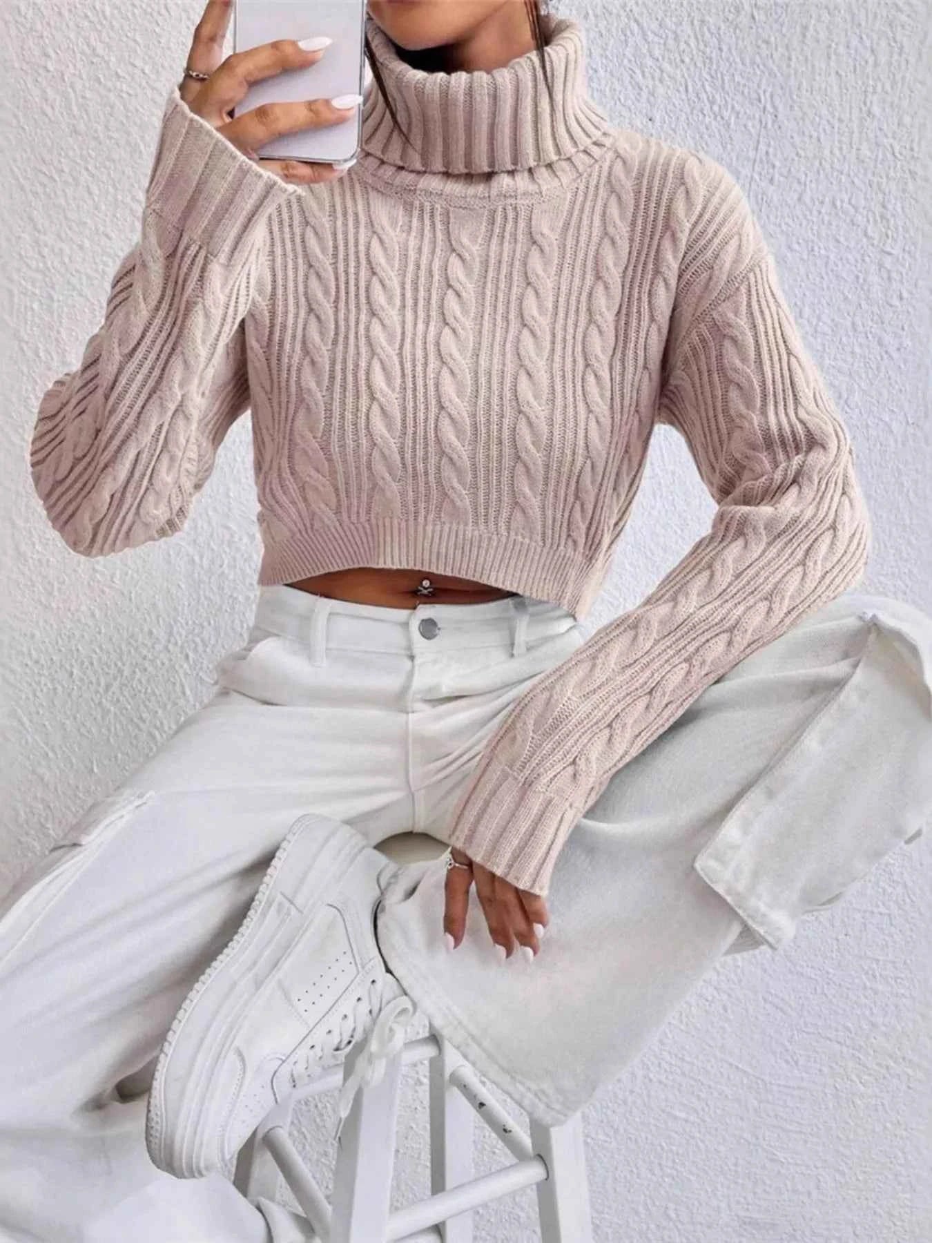 Cable-Knit Turtleneck Long Sleeve Sweater